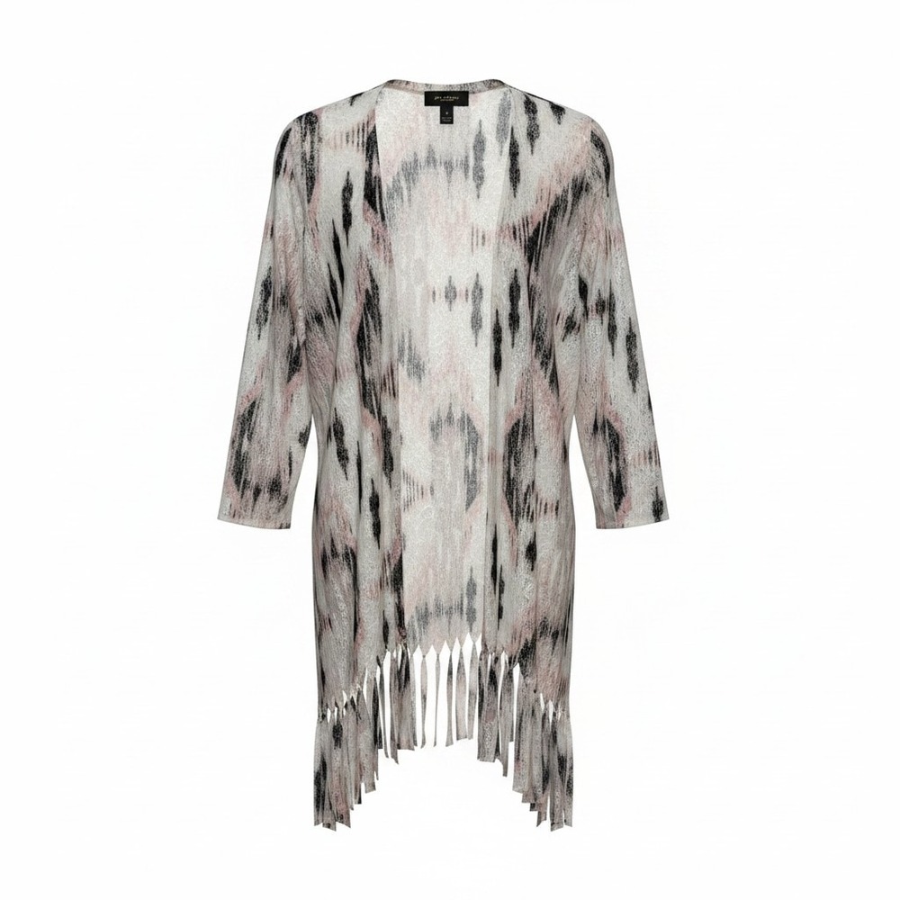 Chico's Travelers Women Cardigan 0 S Pink Black Ikat Lace‎ Fringe Boho Artsy